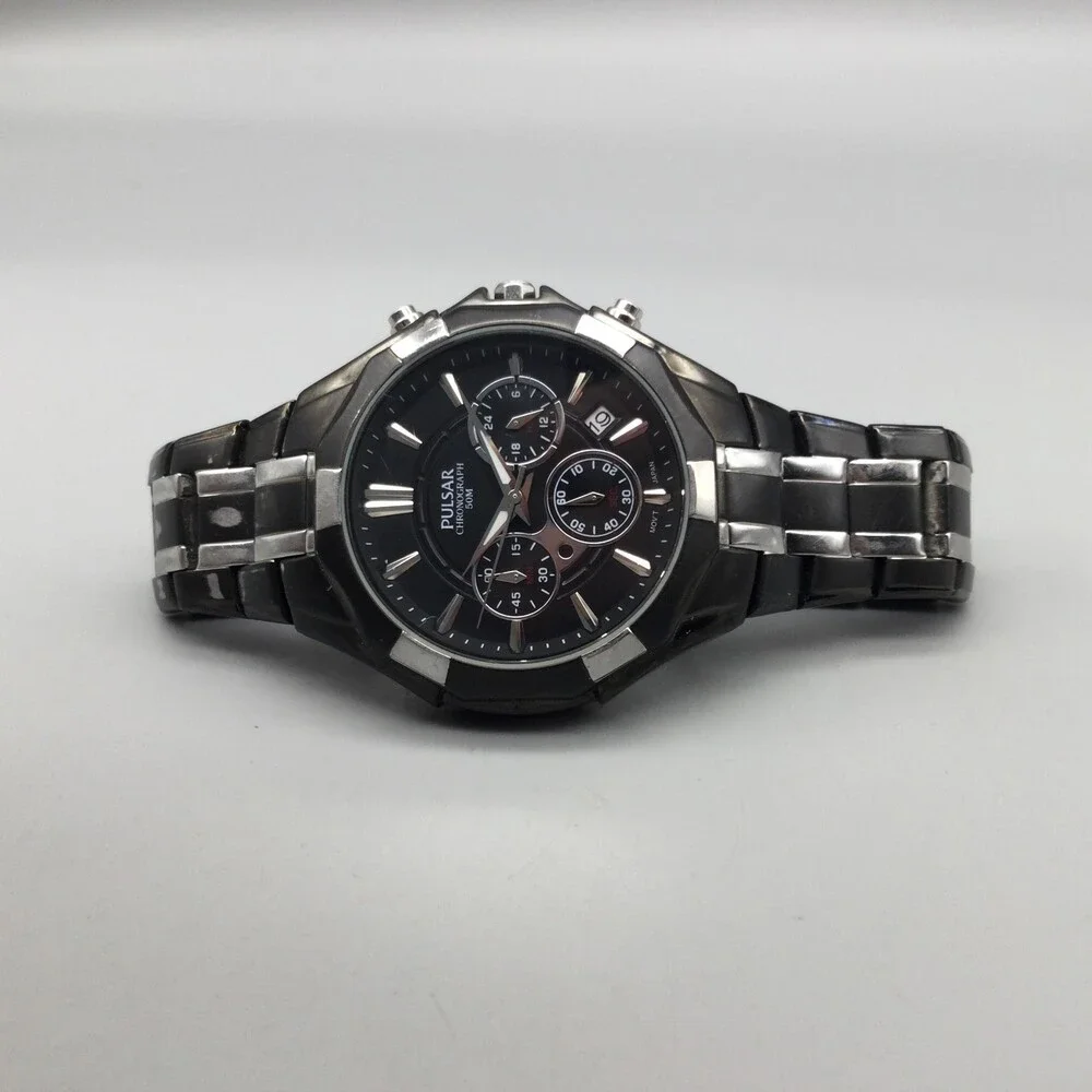 Pulsar Chronograph Mens Watch 38mm Date Stainless VD53-X060 New Battery 6.75